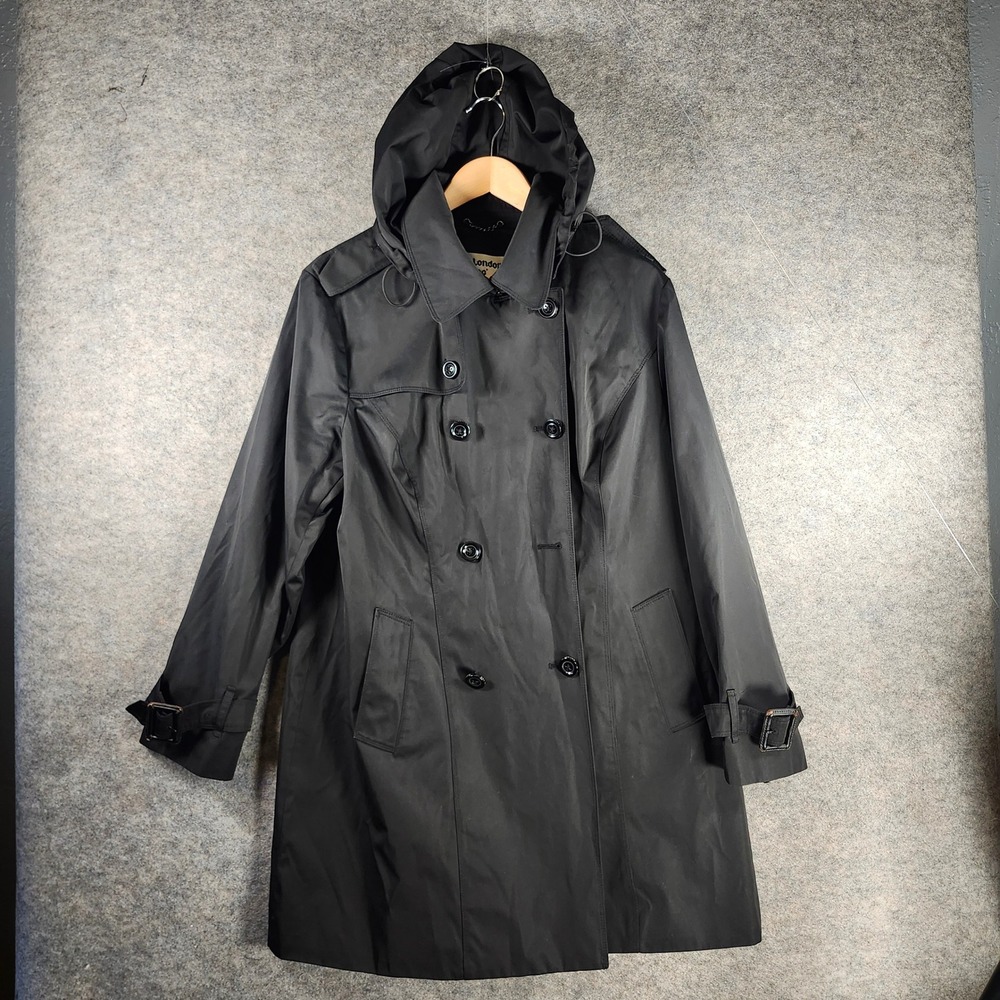 London Fog Heritage Black Double Breasted Hooded Trench Coat‎ Women XL Flaw
